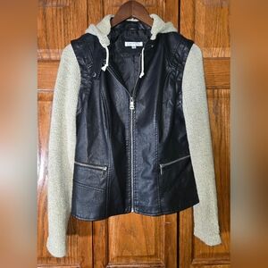 Down East Black Faux Leather Knit Sleeves Hoodie Full Zip Pockets Jacket Sz L